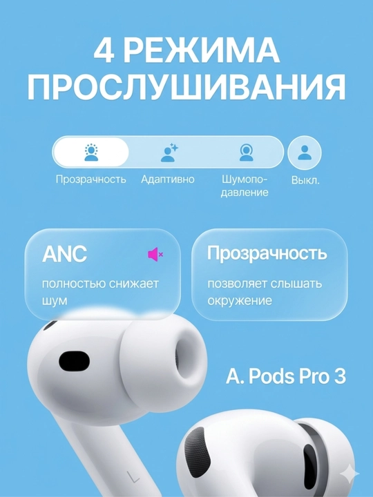 Pods Pro 3 Беспроводные наушники, шумоподавление ANC, гарантия 1 год, блок и кабель