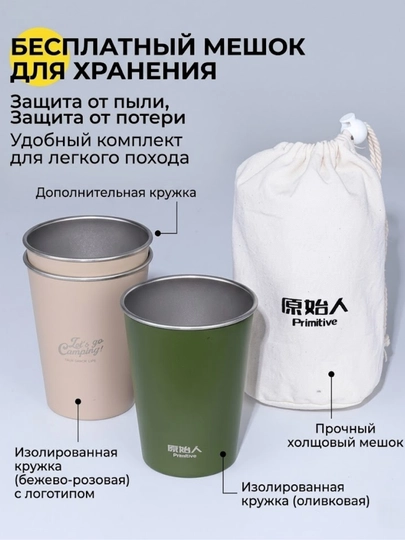 Набор походных кружек из нержавеющей стали 304 для кемпинга и отдыха (4 шт.)