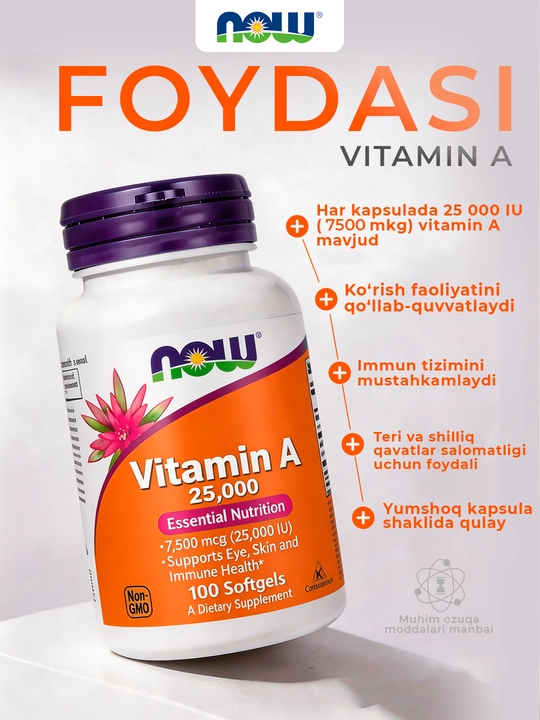 NOW Foods, A vitamini, 25000 IU (7500 mkg), 100 ta yumshoq tabletka
