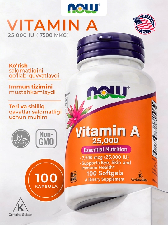 NOW Foods, A vitamini, 25000 IU (7500 mkg), 100 ta yumshoq tabletka