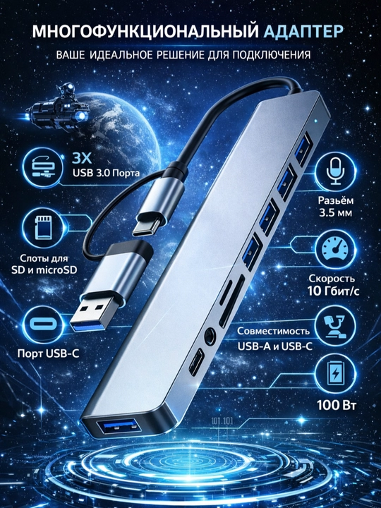 Многофункциональный USB-C адаптер 8 в 2 переходник, Хаб  HDMI - 