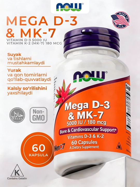 NOW Foods, Mega D3 va MK-7 5000 IU/180 mkg, 60 ta kapsula