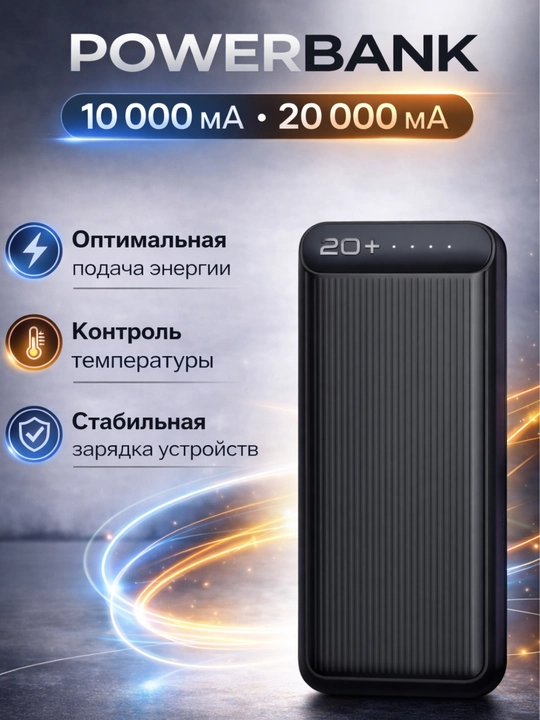 Power Bank 20000 mA·soat, tezkor zaryadlash, LED indikator - 