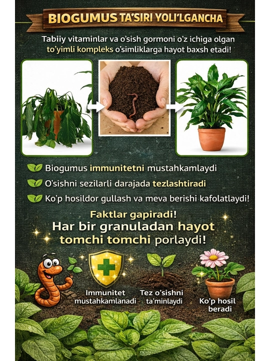 Biogumus, vermikompost gullar, ko‘chatlar va o‘simliklar uchun tabiiy universal o‘g‘it