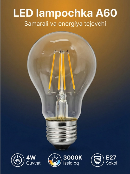 LED lampochka A60 4W E27 3000K – energiya tejovchi LED lampa - 