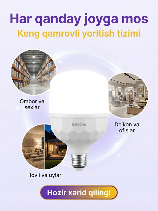 Beltoms LED lampa 50W/60W/80W E27, oq yorug'lik, 35 000 soat