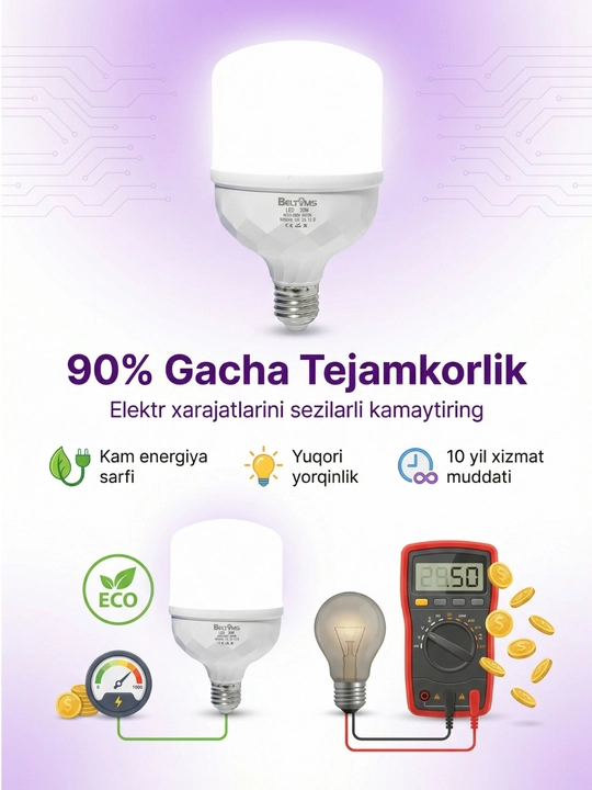 Beltoms LED lampa 50W/60W/80W E27, oq yorug'lik, 35 000 soat