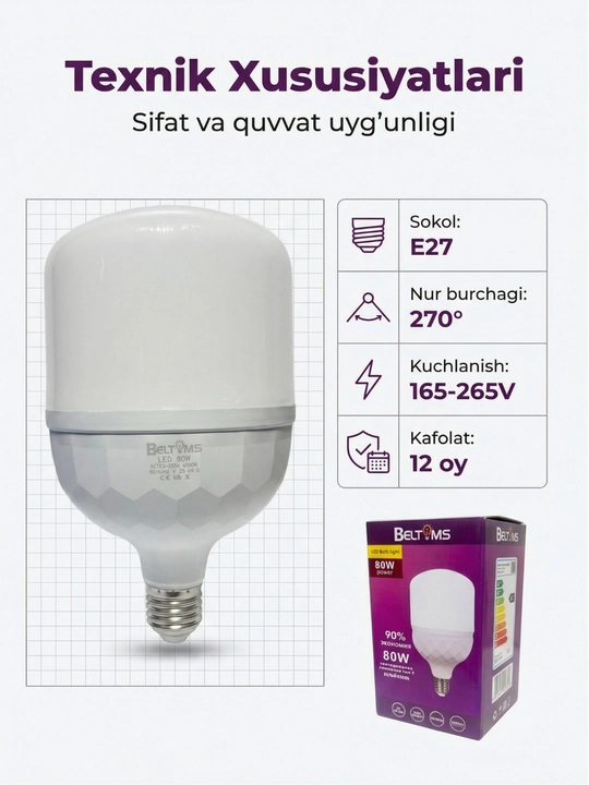 Beltoms LED lampa 50W/60W/80W E27, oq yorug'lik, 35 000 soat