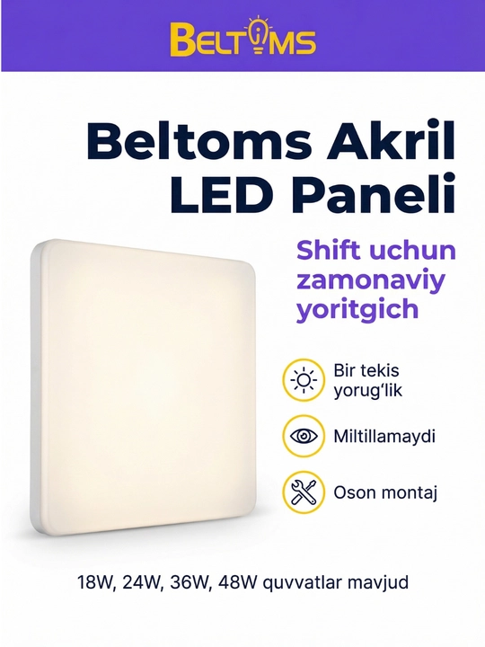 Акриловая светодиодная LED панель Beltoms, Квадратная Накладная — 18W, 24W, 36W, 48W - 