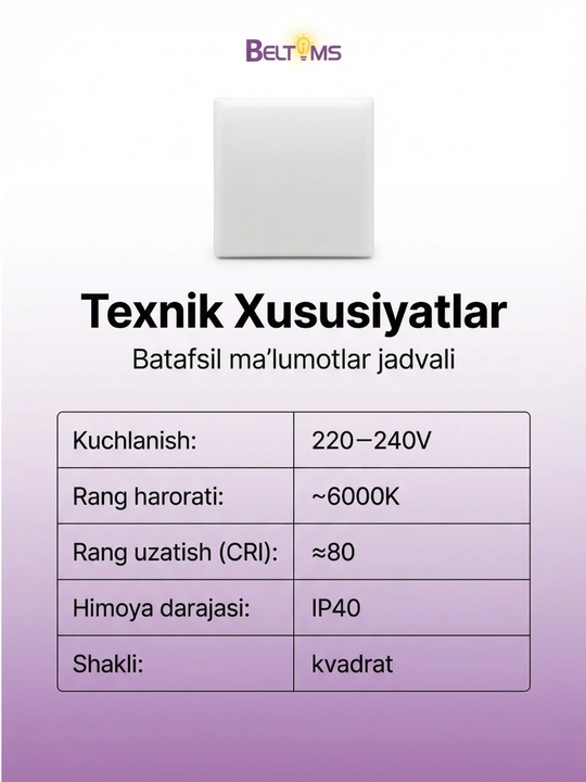 Beltoms Akril LED Paneli, Kvadrat shaklli Nakladnoy — 18W, 24W, 36W, 48W