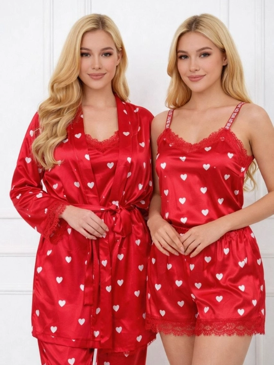 Ayollar atlas pijama va xalat to‘plami yurak naqshli