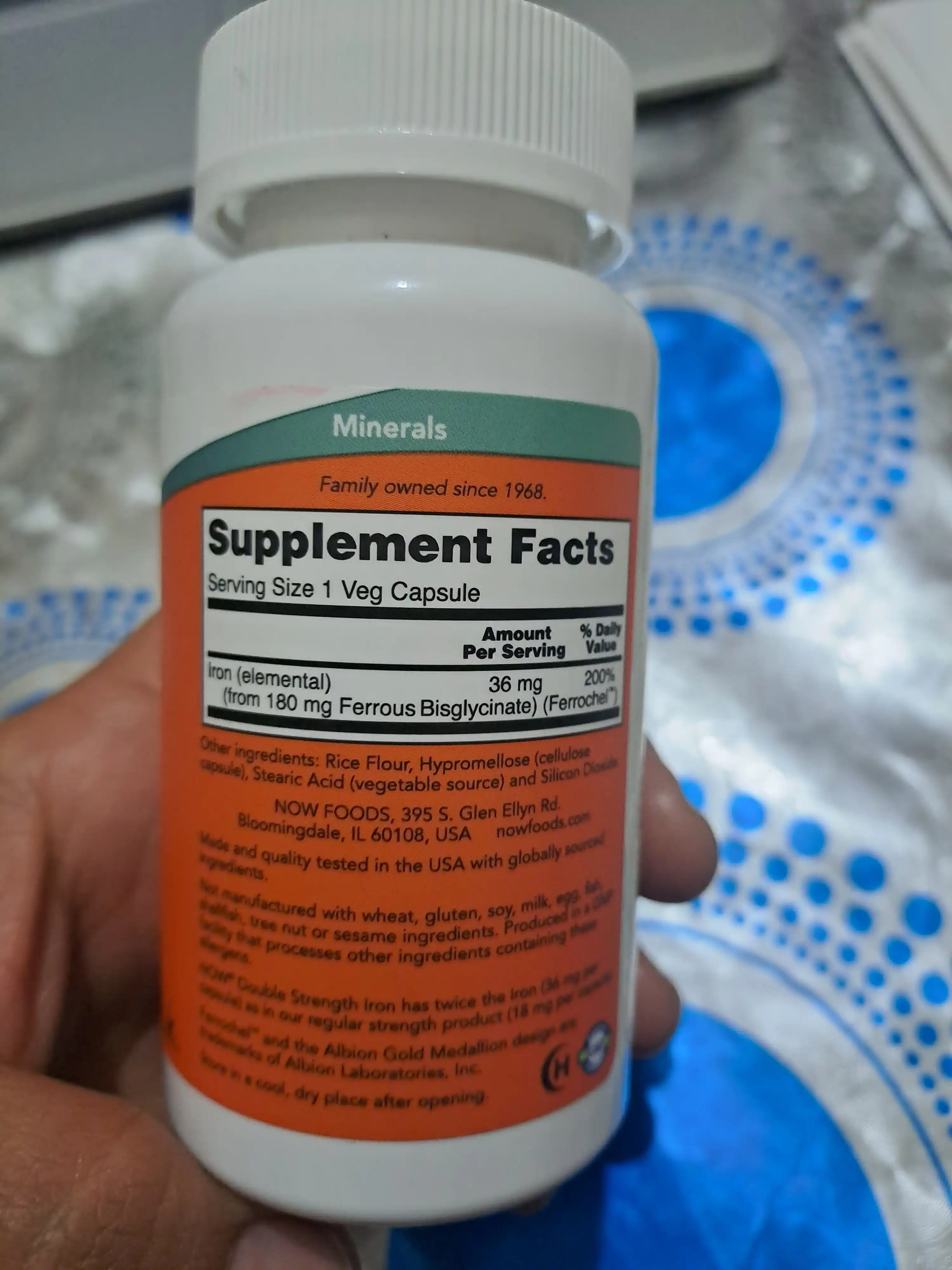 Now Foods Iron temir 36 mg, 90 ta energiya va sog'liqni saqlash kapsulalari, Halol