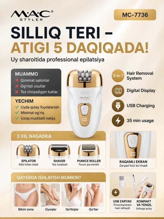 Simsiz epilyator MAC 7736 Styler ayollar uchun professional depilyator - 