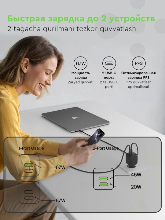 Сетевое зарядное устройство Belkin GaN 67W, 50W, 2x Type C