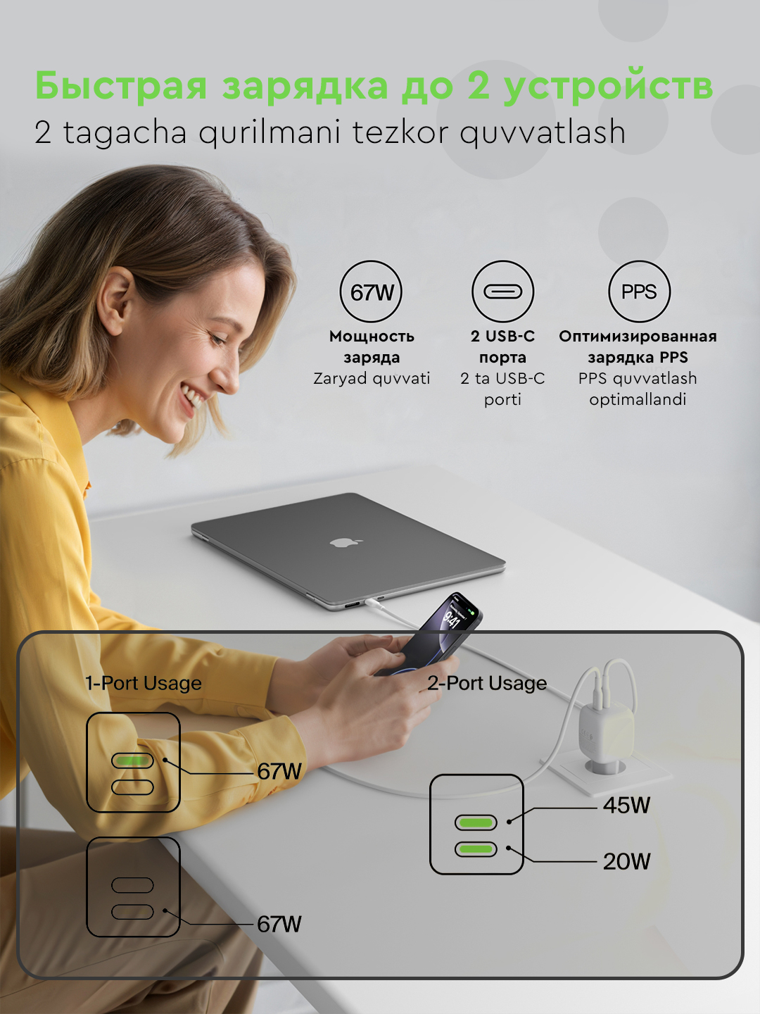 Сетевое зарядное устройство Belkin GaN 67W, 50W, 2x Type C