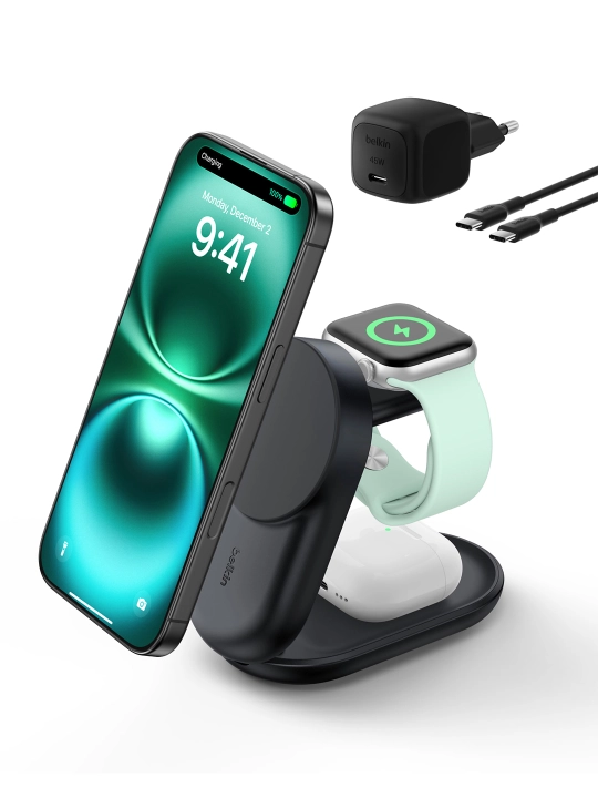 Belkin Qi2 25W simsiz quvvatlash stansiyasi, 2 in 1 , 3 in 1 , yig‘iladigan, magnitli