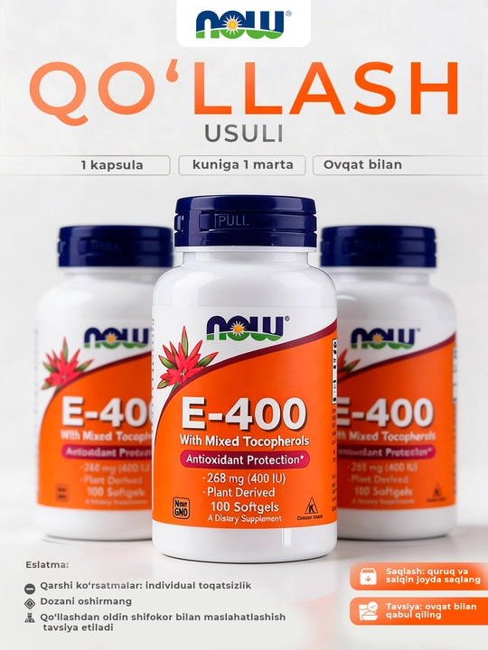NOW Foods, E-400, 268 mg (400 IU), 100 ta yumshoq tabletka