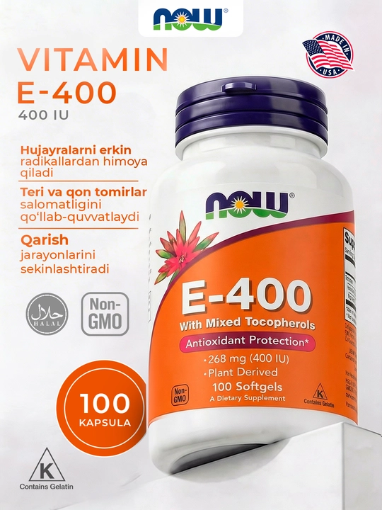 NOW Foods, E-400, 268 mg (400 IU), 100 ta yumshoq tabletka