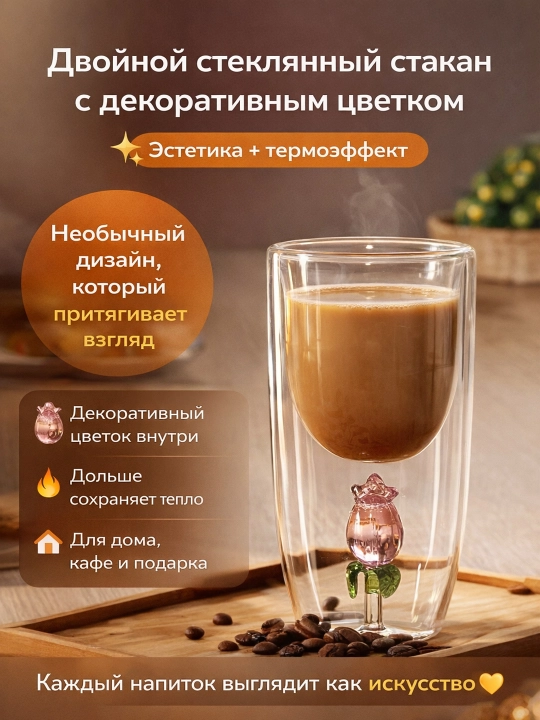 Стакан с двойными стенками и декоративным фламинго, эффект парящего напитка  - 