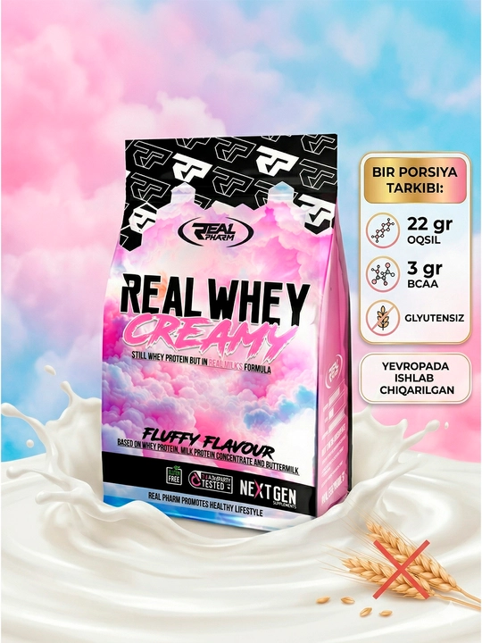 REAL PHARM Creamy Whey ta’mli - mushak massasi va kuchini oshirish uchun oqsil - 
