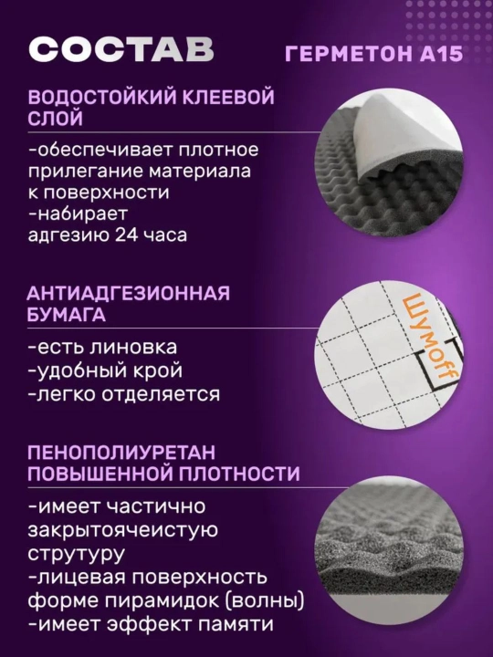 Шумофф Герметон А15, размер 100х75 см, толщина 15 мм материал на водостойком клеевом слое