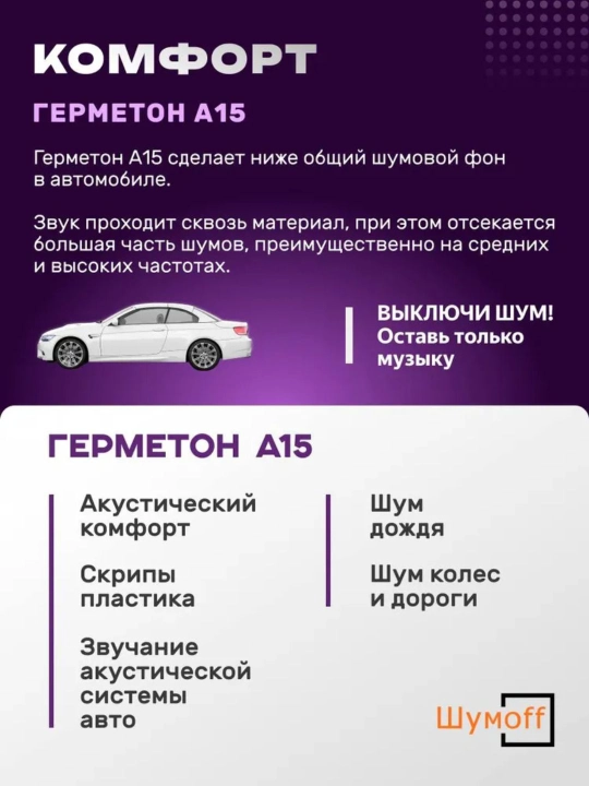 Шумофф Герметон А15, размер 100х75 см, толщина 15 мм материал на водостойком клеевом слое