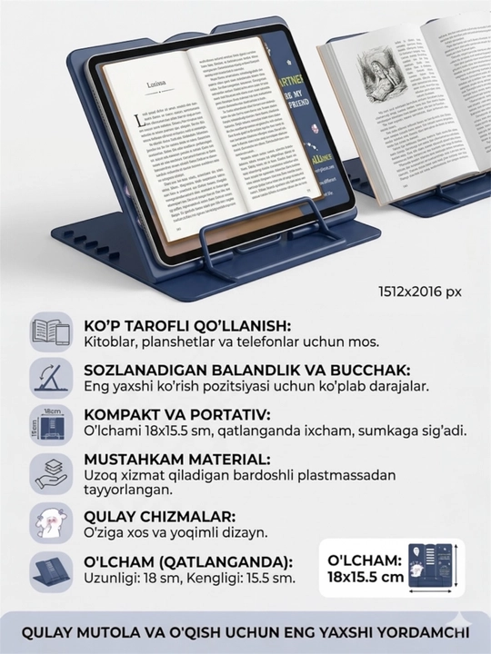Ikki xil o'lchamdagi kitoblar, darsliklar va planshetlar uchun metall stend - 