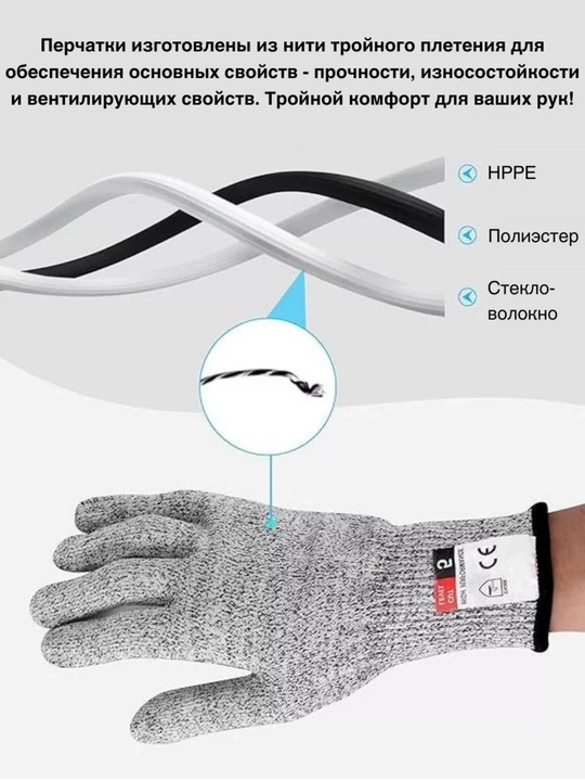Перчатки защитные от порезов HPPE/стекловолокно, размер XL - 