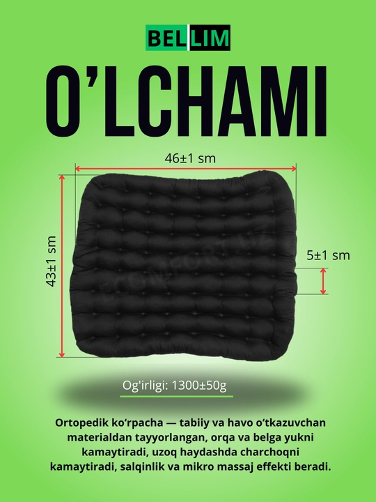 Avtomobillar uchun ortopedik ko'rpachalar, BELLIM, Byudjetniy, 43x46 sm