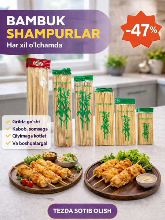 Bambuk shampurlari, oziq ovqat uchun 50 dona - 