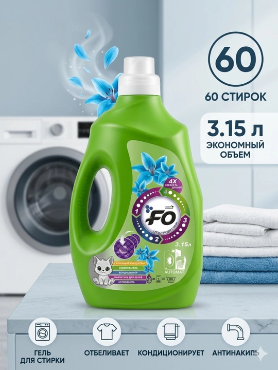 Гель FO для стирки 3.15л – удаляет пятна, 4x свежесть, подходит для автоматических машин - 