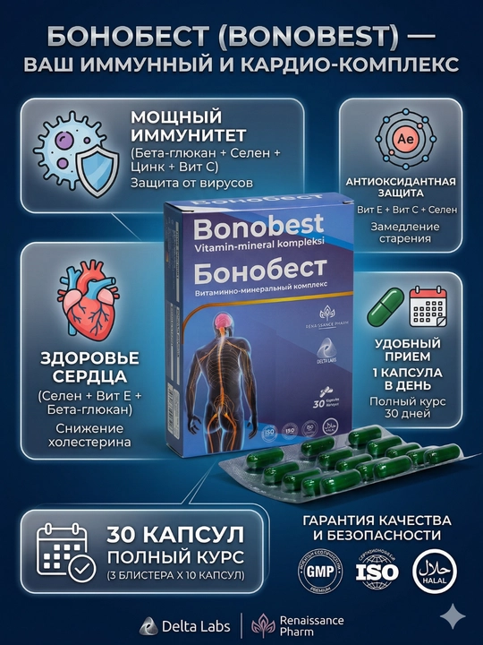 Bonobest витаминно-минеральный комплекс, иммунитет и сердце, 30 капсул - 