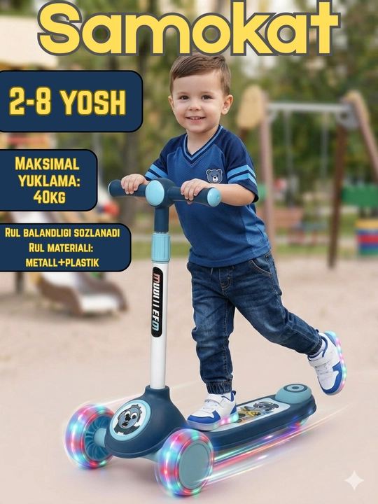 Bolalar samokati 3 g‘ildirakli, sozlanadigan rul, tormozli, barqaror mini skuter