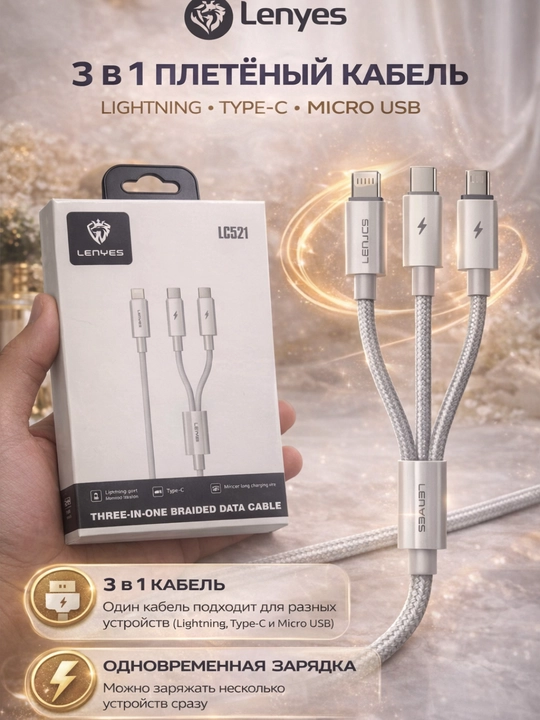 Кабель Lenyes LC521 3-в-1 (Type-C, Lightning, Micro USB), плетёный, универсальный - 