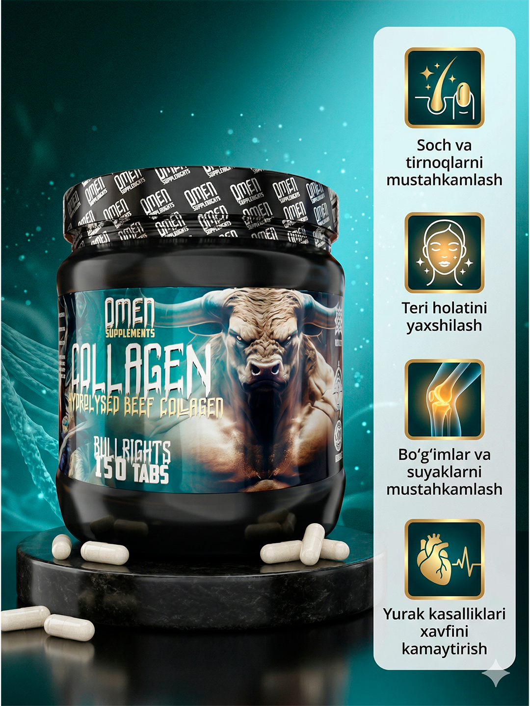 OMEN Collagen - teri, soch va bo‘g‘imlarni tiklash uchun kollagen kompleksi - 