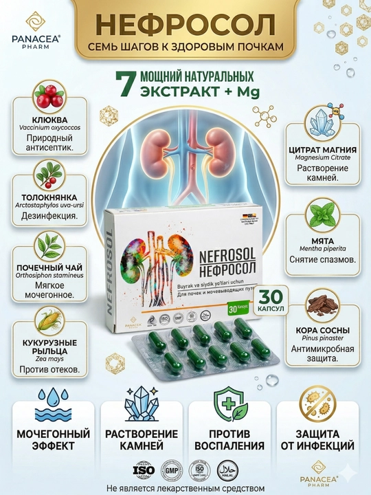 Nefrosol Buyrak va siydik yo‘llari uchun nefrosol, 7 ta ekstrakt + Mg, 30 ta kapsula - 