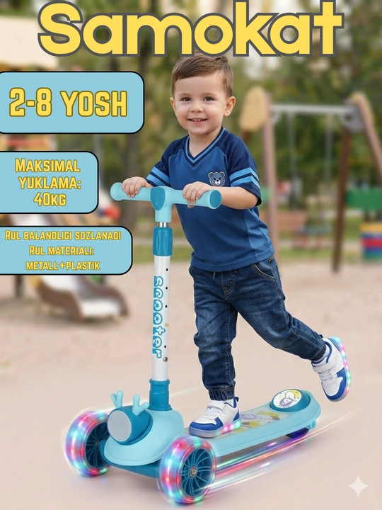 Bolalar samokati 3 g‘ildirakli, rul boshqariluvchi, tormozli, uniseks mini skuteri