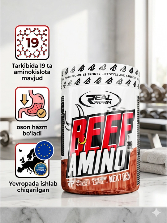 REAL PHARM Beef Amino — BCAA и EAA аминокислоты для силы и выносливости