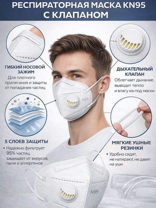 KN95 himoya niqobi – 5 qatlamli filtrli respirator, virus va changdan, filtratsiya 95% - 