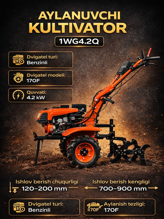 Aylanuvchi kultivator 1WG4.2Q, benzinli yer yumshatgich, 4.2 kW dvigatel, 170F motor - 