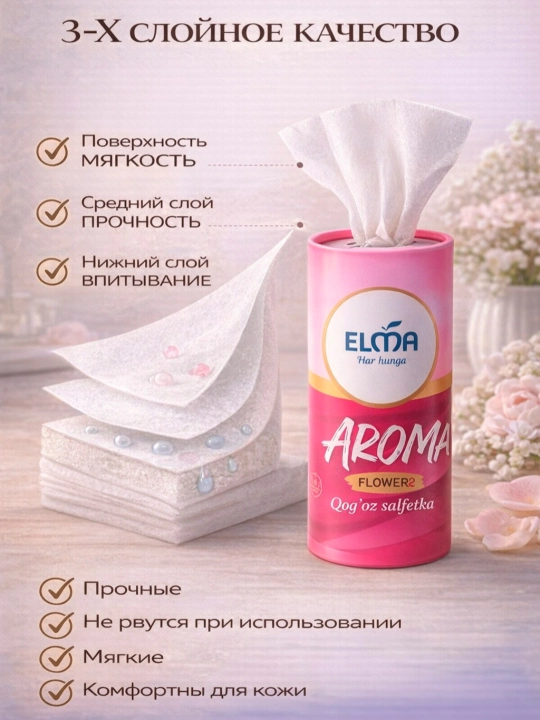 ELMA Decor Qog‘oz salfetkalar tuba ichida, 40 dona, 3 qatlamli
