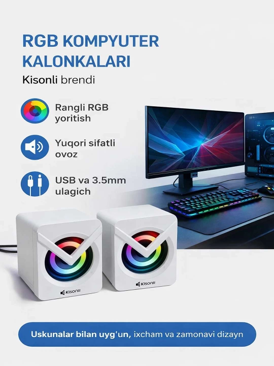 Kompyuter uchun kolonkalar Kisonli L-1040 5 Vt, 2.0, USB, RGB yoritgichi bilan ishlaydi - 