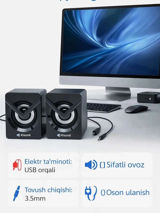 Kompyuter uchun kolonkalar Kisonli L-1040 5 Vt, 2.0, USB, RGB yoritgichi bilan ishlaydi - 