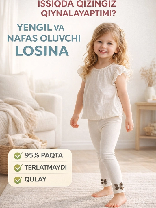 Qizlar uchun yozgi losina 95% paxta yupqa qulay rezinkali bolalar losina 1 dona - 