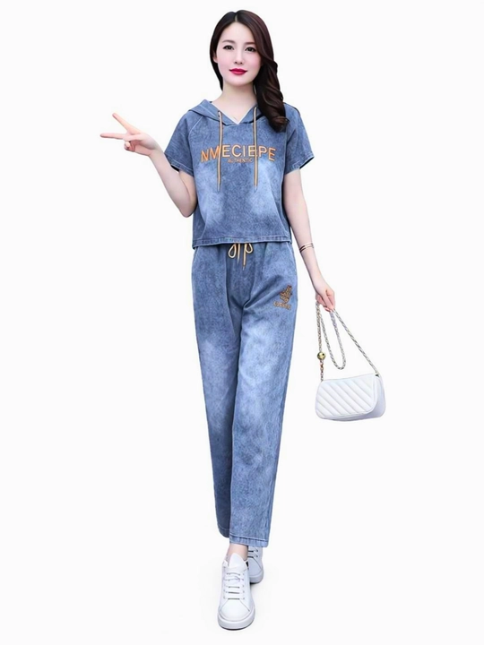 Ayollar va qizlar uchun jinsi dvoyka, kapyushonli futbolka va keng shim to'plami, denim - 