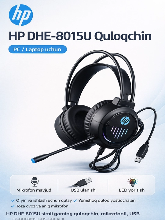 HP DHE-8015U gaming quloqchin, mikrofonli, USB ulanish, kompyuter uchun - 