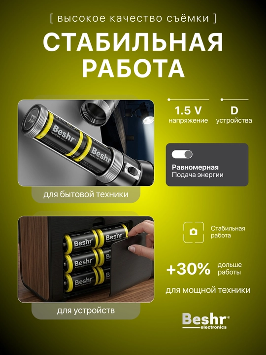 Батарейки Beshr PowerOne, D и C — упаковка из 2 штук, щелочные, для энергоемких устройств
