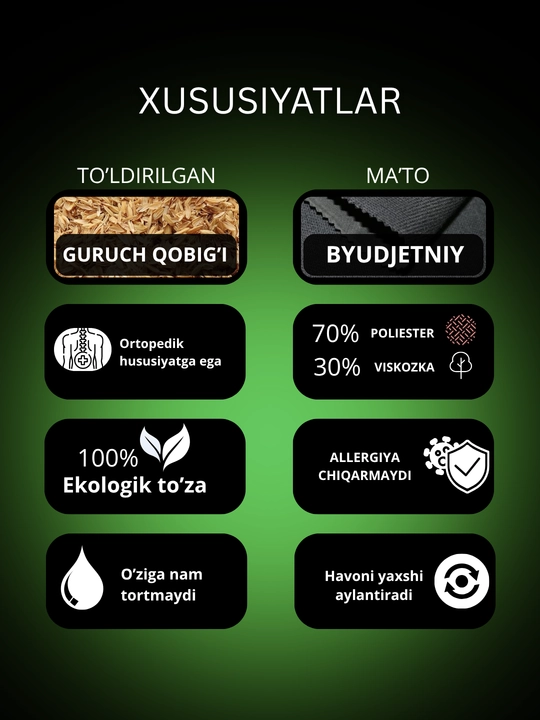 Avtomobil uchun, guruch qobig'idan ortopedik boyin yostig'chasi, BELLIM