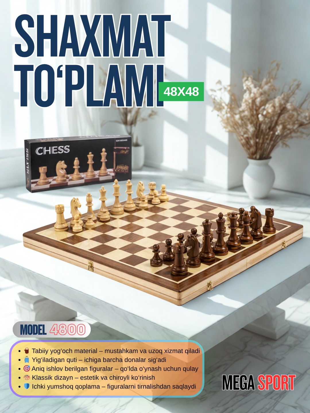 Shaxmat to‘plami 48x48sm, yig‘iladigan yog'och quti bilan - 