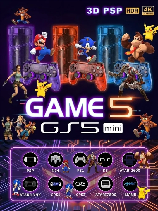 GS5 Mini 4K Game Stick – 30 000+ oʻyin, 58 emulyator, 4K HDR, 2 ta simsiz joystick